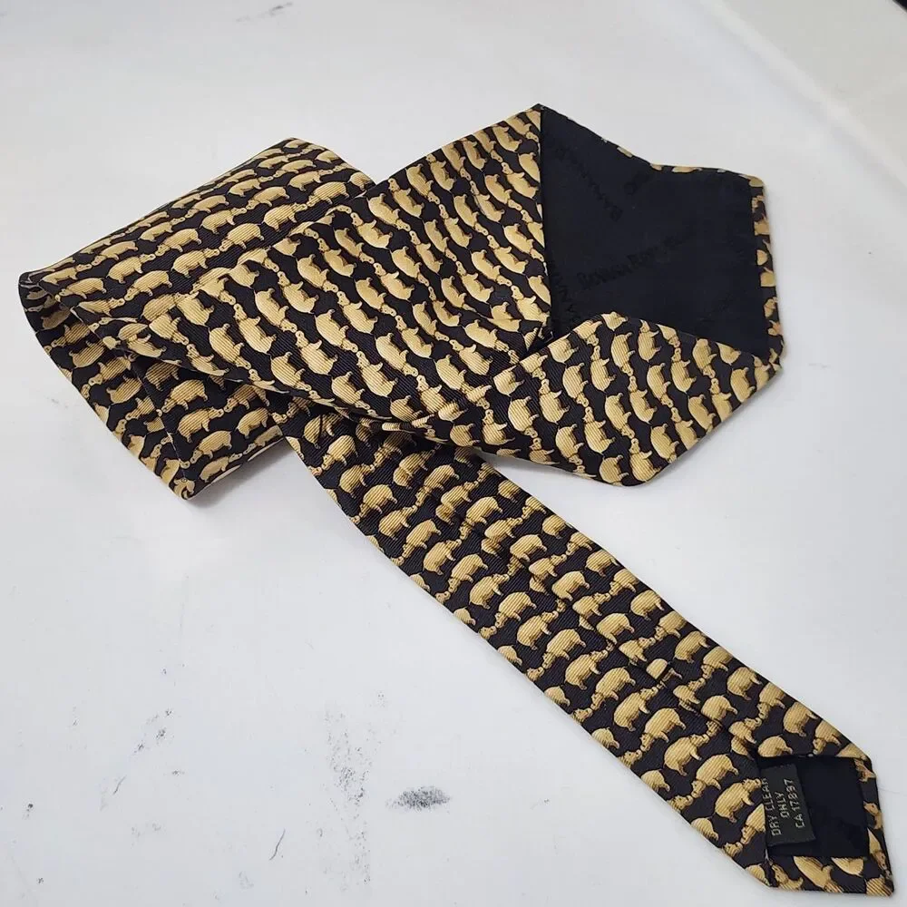 Vintage Banana Republic Silk Classic Neck Tie Italy Black Gold Hippo Novelty 56